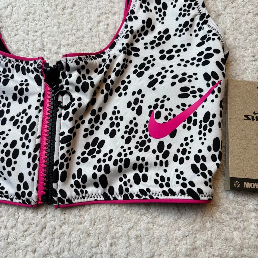 Nike Swim Top Womens S Black White Party Dots Crop Bikini Top Partial Zip‎ Front
